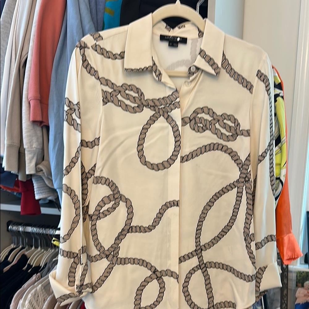 Lafayette 148 New York Cream and Brown Notched Collar Button Down Shirt